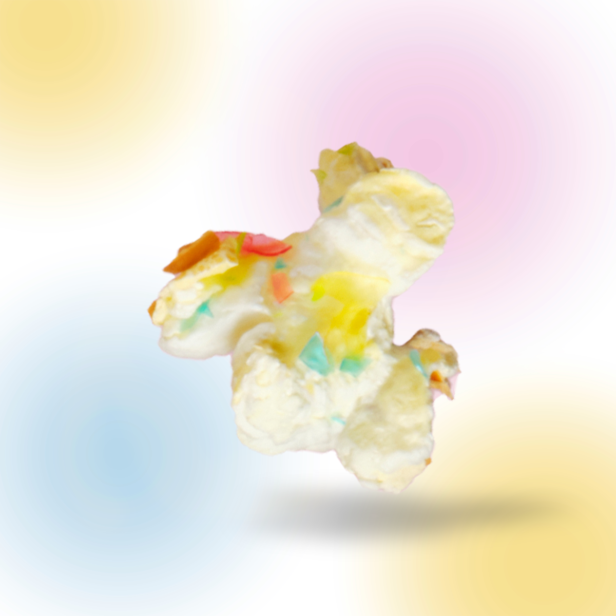 White popcorn pieces coated with yellow, pink, and teal sprinkles against a gradient pastel background.