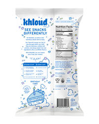 Khloud brand protein popcorn bag with birthday cake flavor, nutrition facts, and ingredient list on white packaging with blue