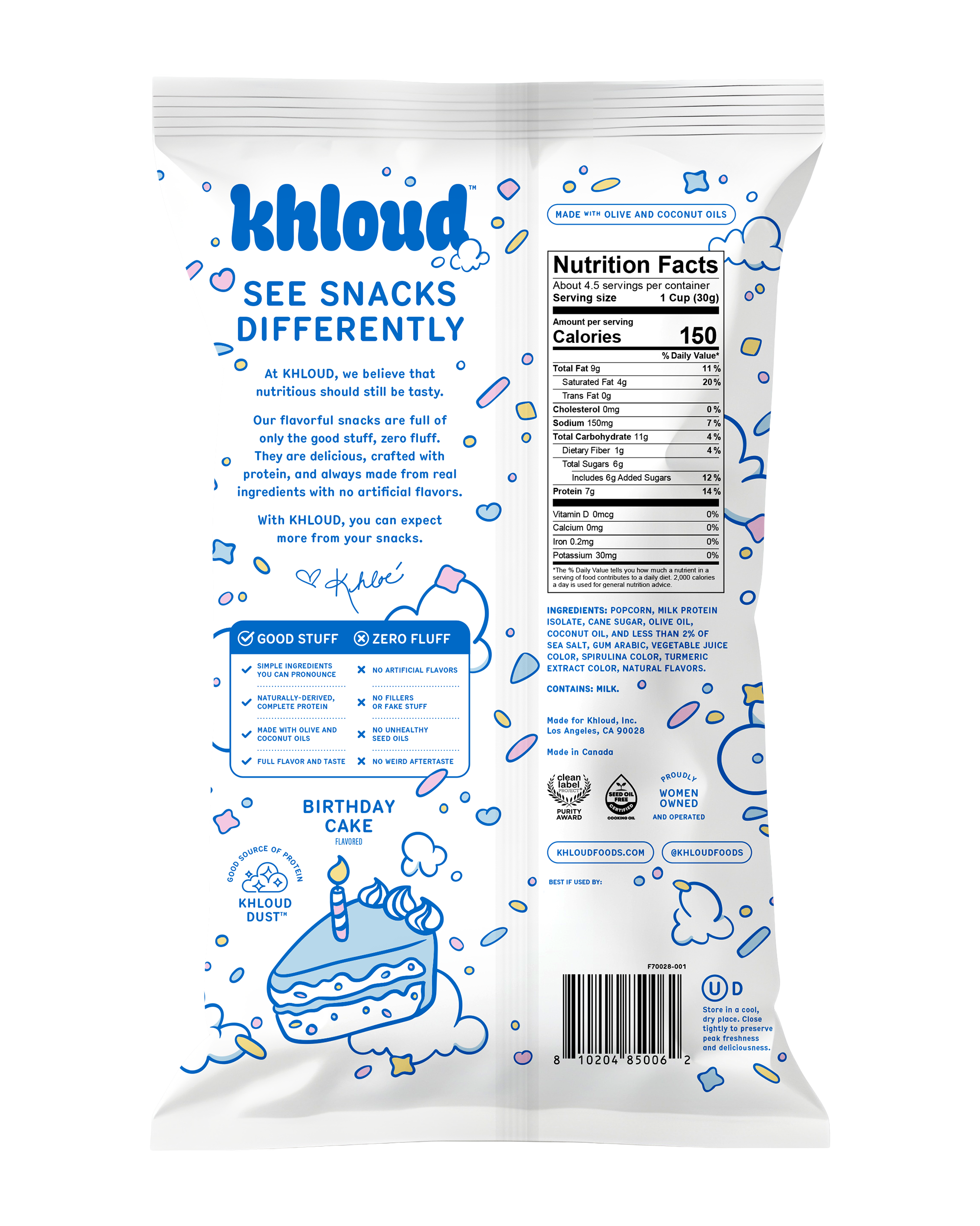 Khloud brand protein popcorn bag with birthday cake flavor, nutrition facts, and ingredient list on white packaging with blue