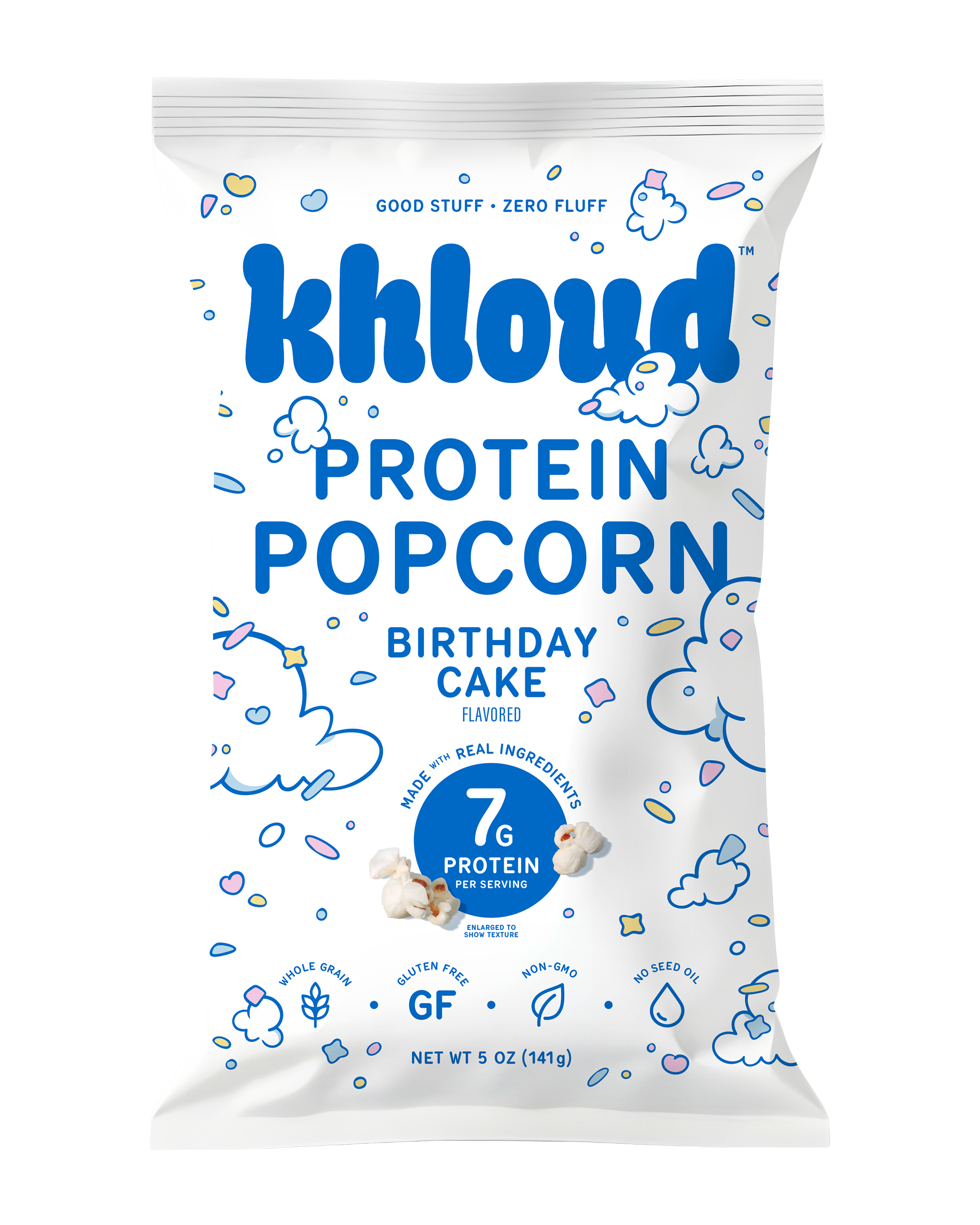 Khloud brand protein popcorn bag in birthday cake flavor, 5 oz, with blue and white packaging displaying nutritional informat