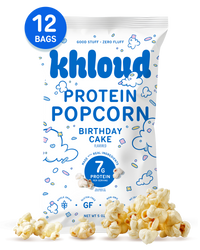 Khloud Protein Popcorn Birthday Cake flavor multi-pack with 12 bags, popcorn pieces shown at bottom.
