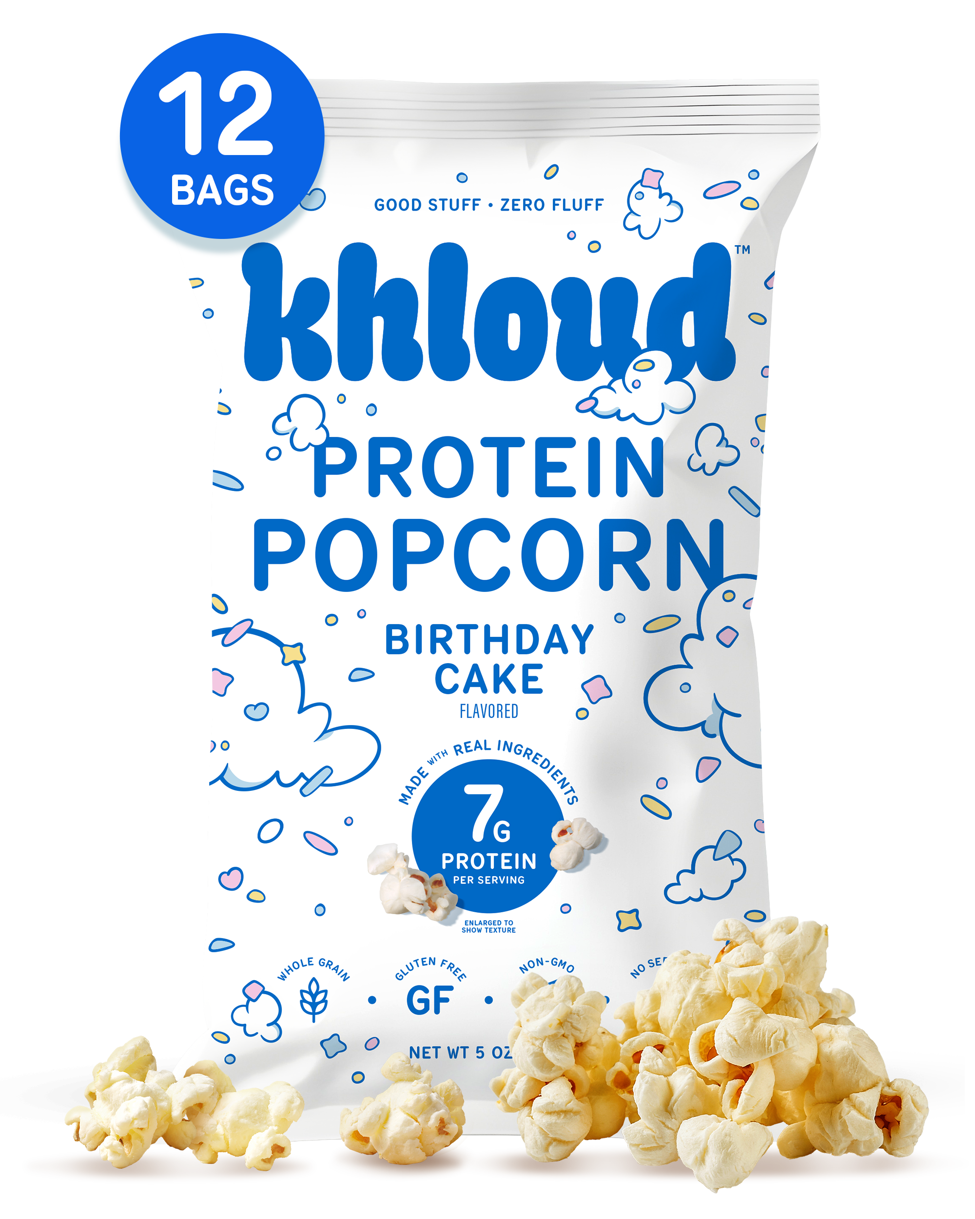 Khloud Protein Popcorn Birthday Cake flavor multi-pack with 12 bags, popcorn pieces shown at bottom.