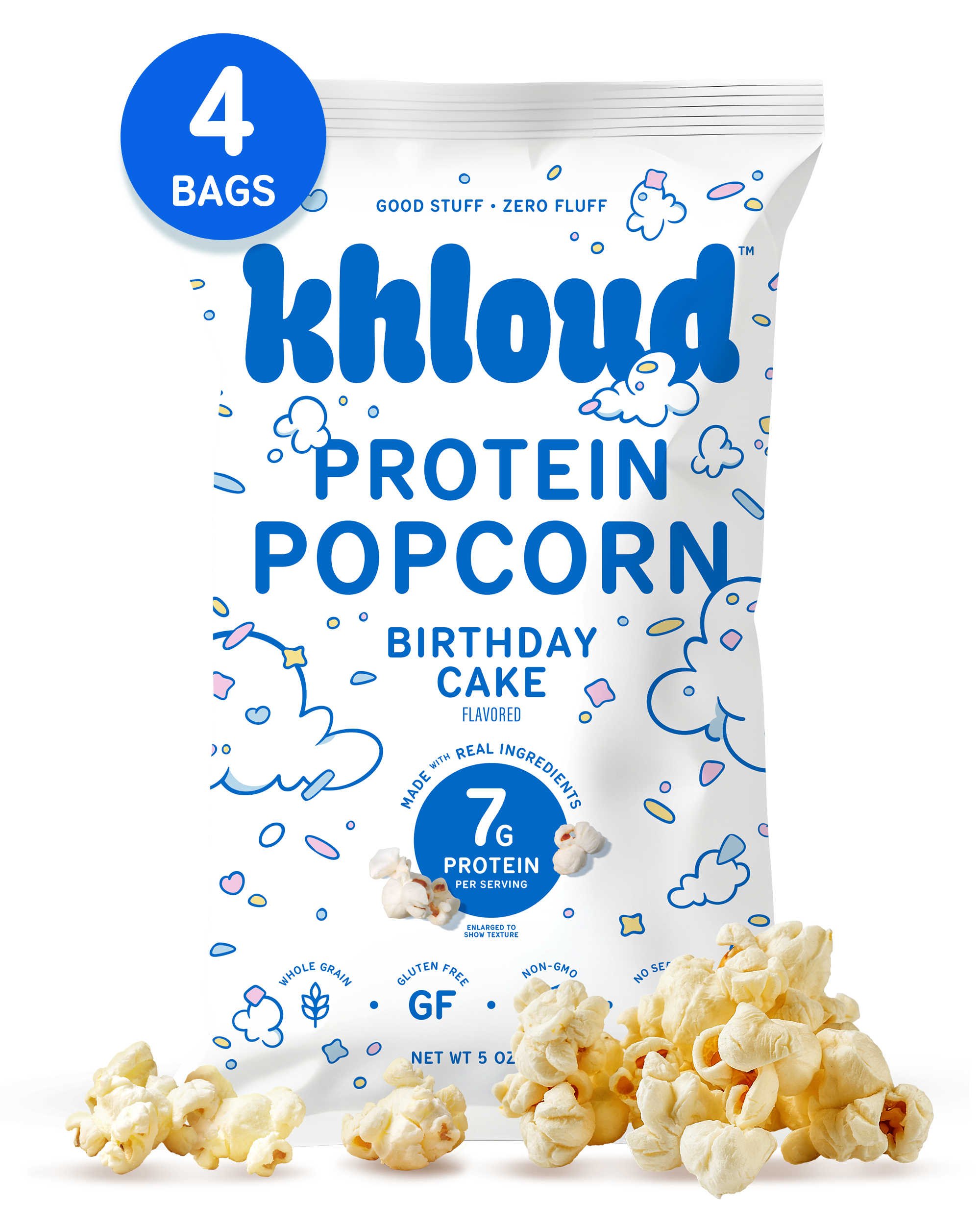 White package of Khlourd brand birthday cake flavored protein popcorn, 4 bags, with popcorn scattered in front.