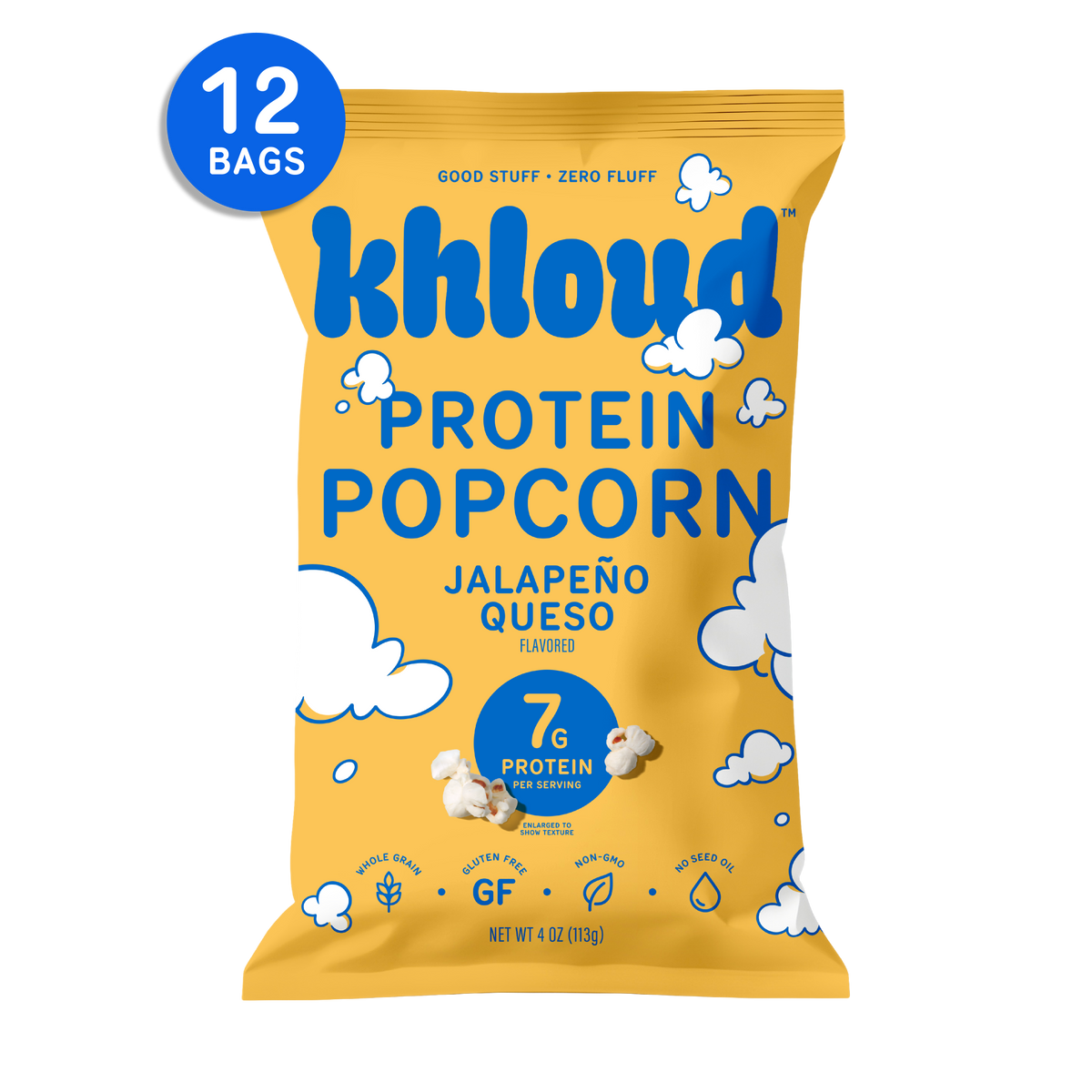 Yellow Khloud Jalapeño Queso Protein Popcorn bag, 12-pack