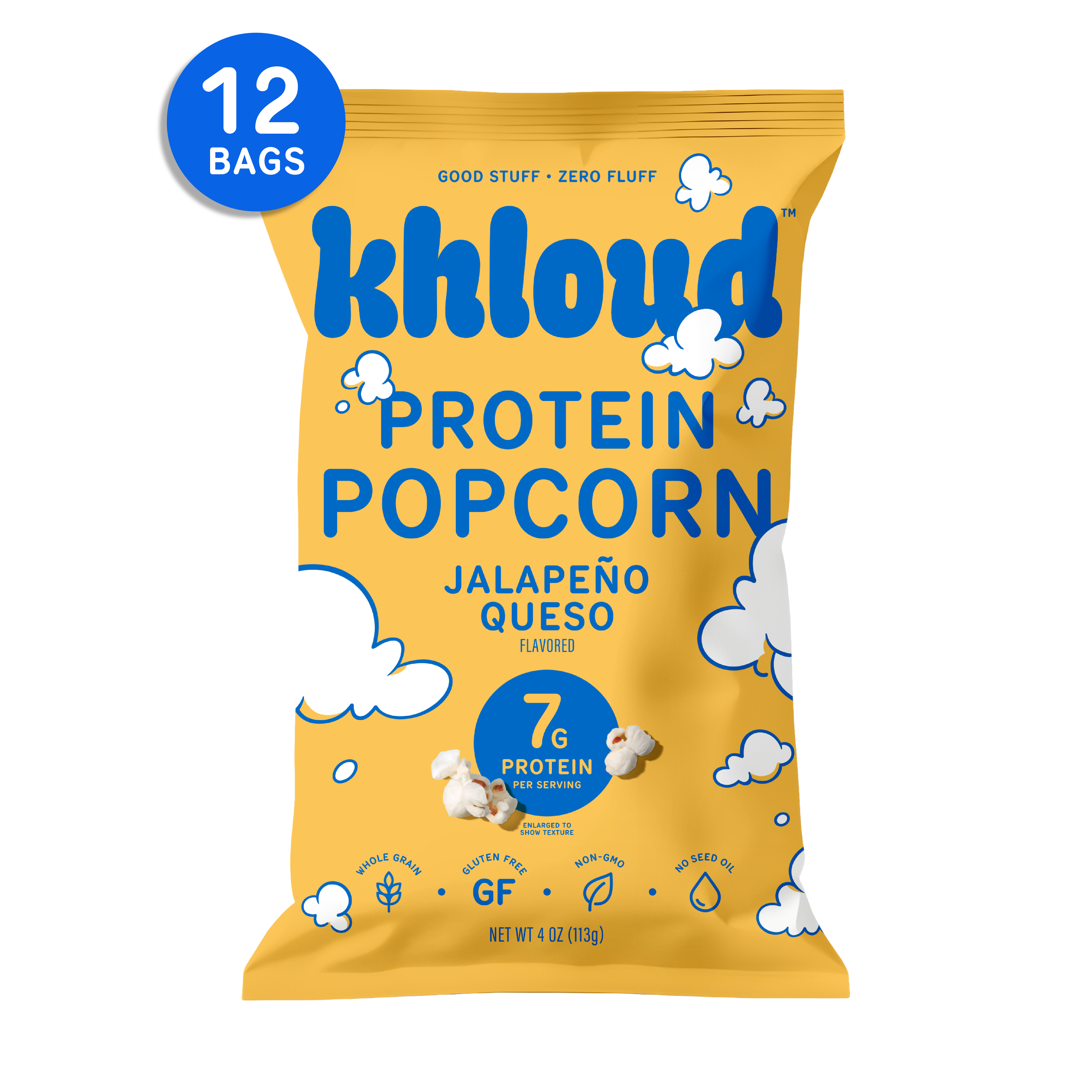 Yellow Khloud Jalapeño Queso Protein Popcorn bag, 12-pack