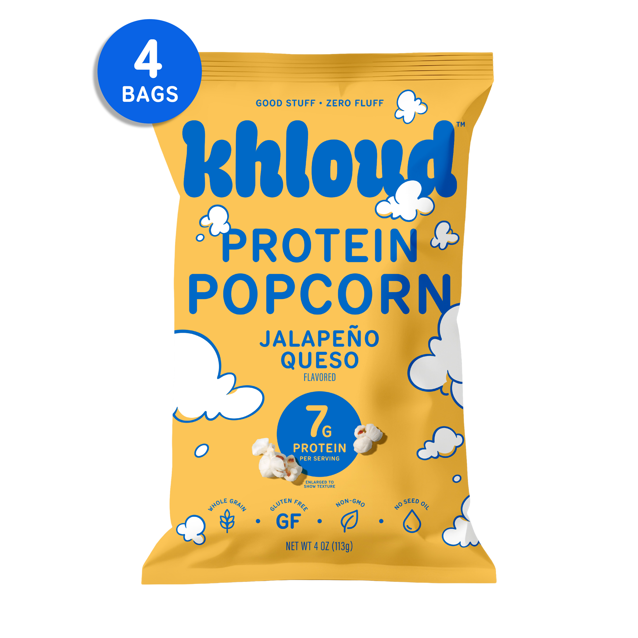 Yellow Khloud Jalapeño Queso Protein Popcorn bag, 4-pack