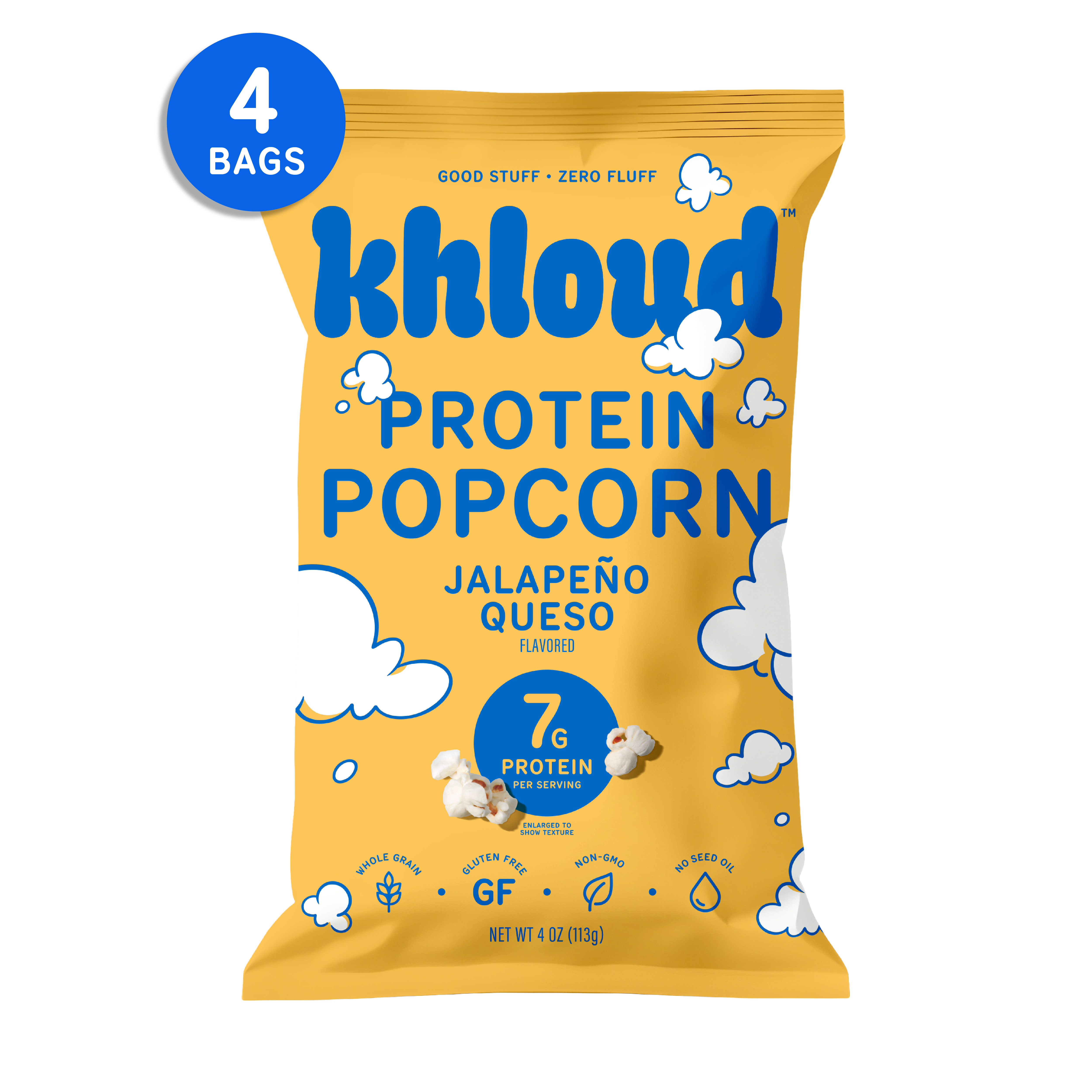 Yellow Khloud Jalapeño Queso Protein Popcorn bag, 4-pack