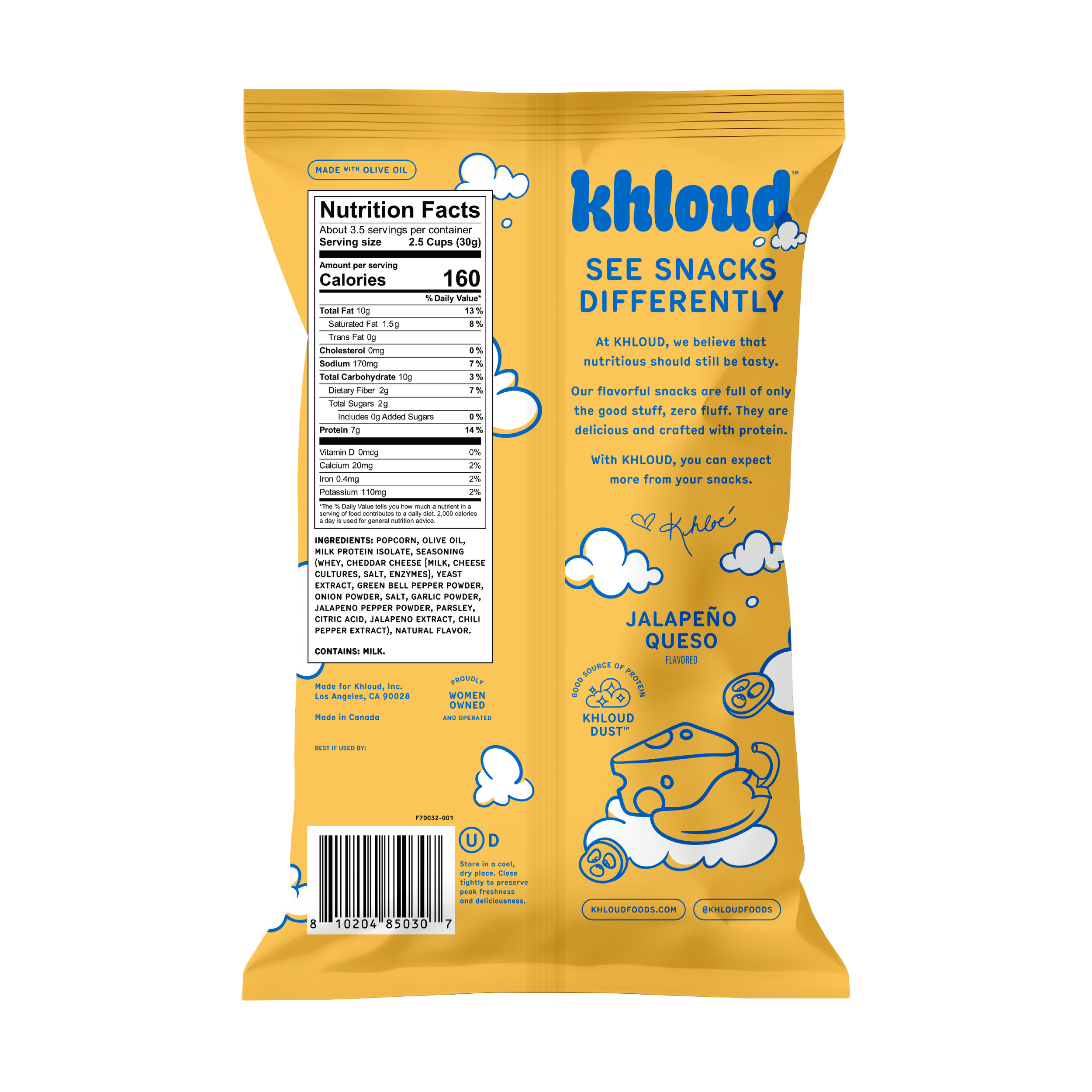Back of the Khloud Jalapeño Queso bag with Nutrition Facts and ingredients