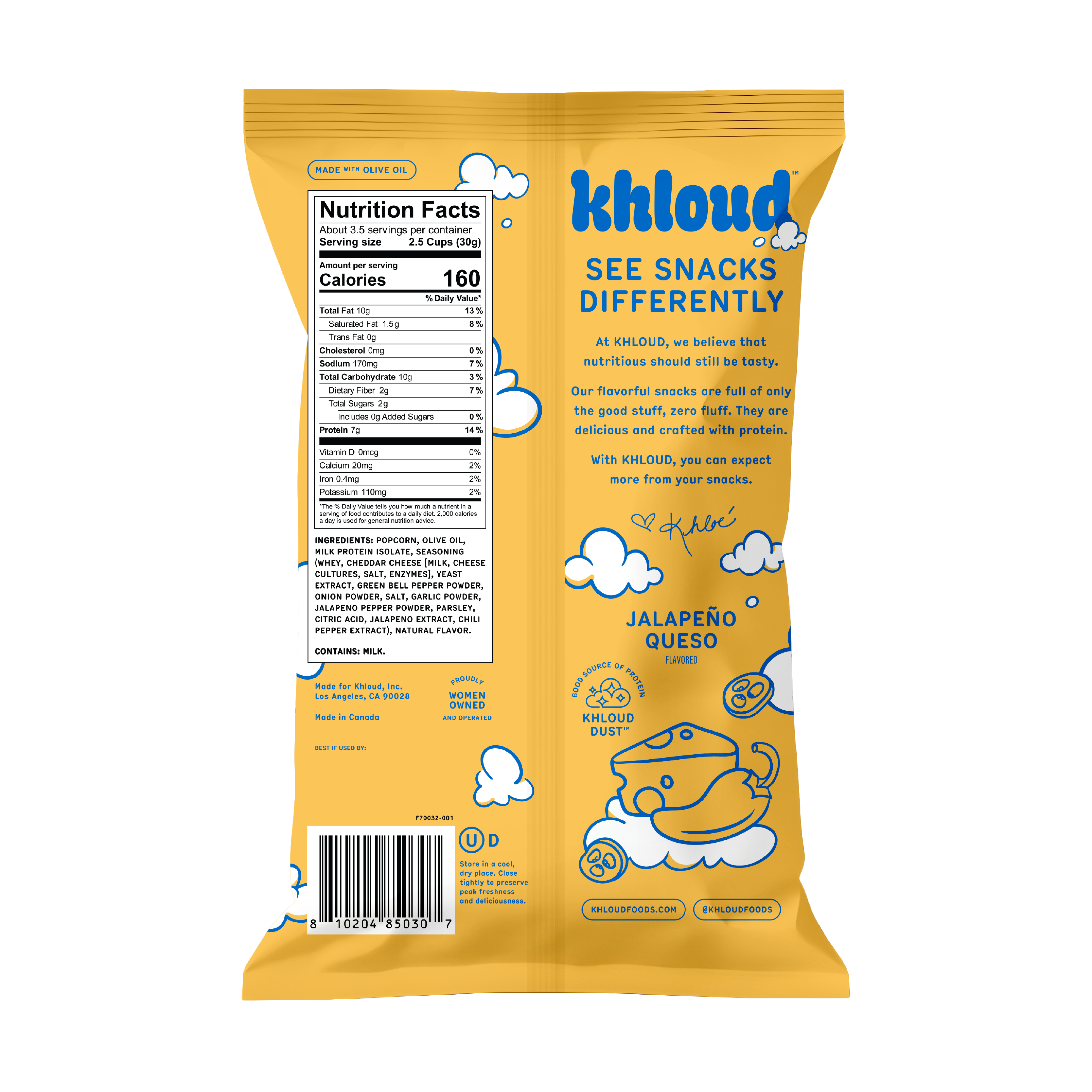 Back of the Khloud Jalapeño Queso bag with Nutrition Facts and ingredients