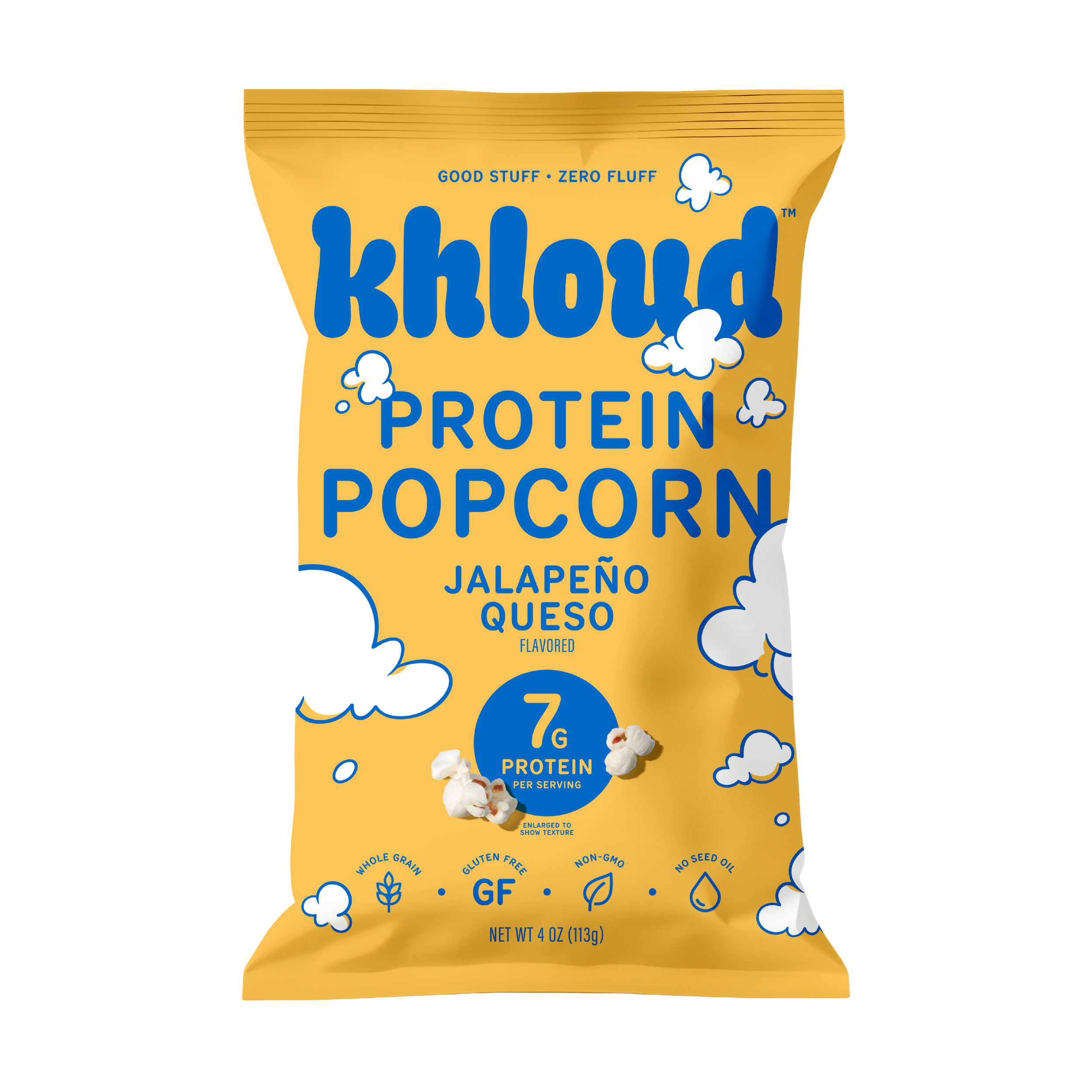 Front of the yellow Khloud Jalapeño Queso Protein Popcorn bag, 4 oz