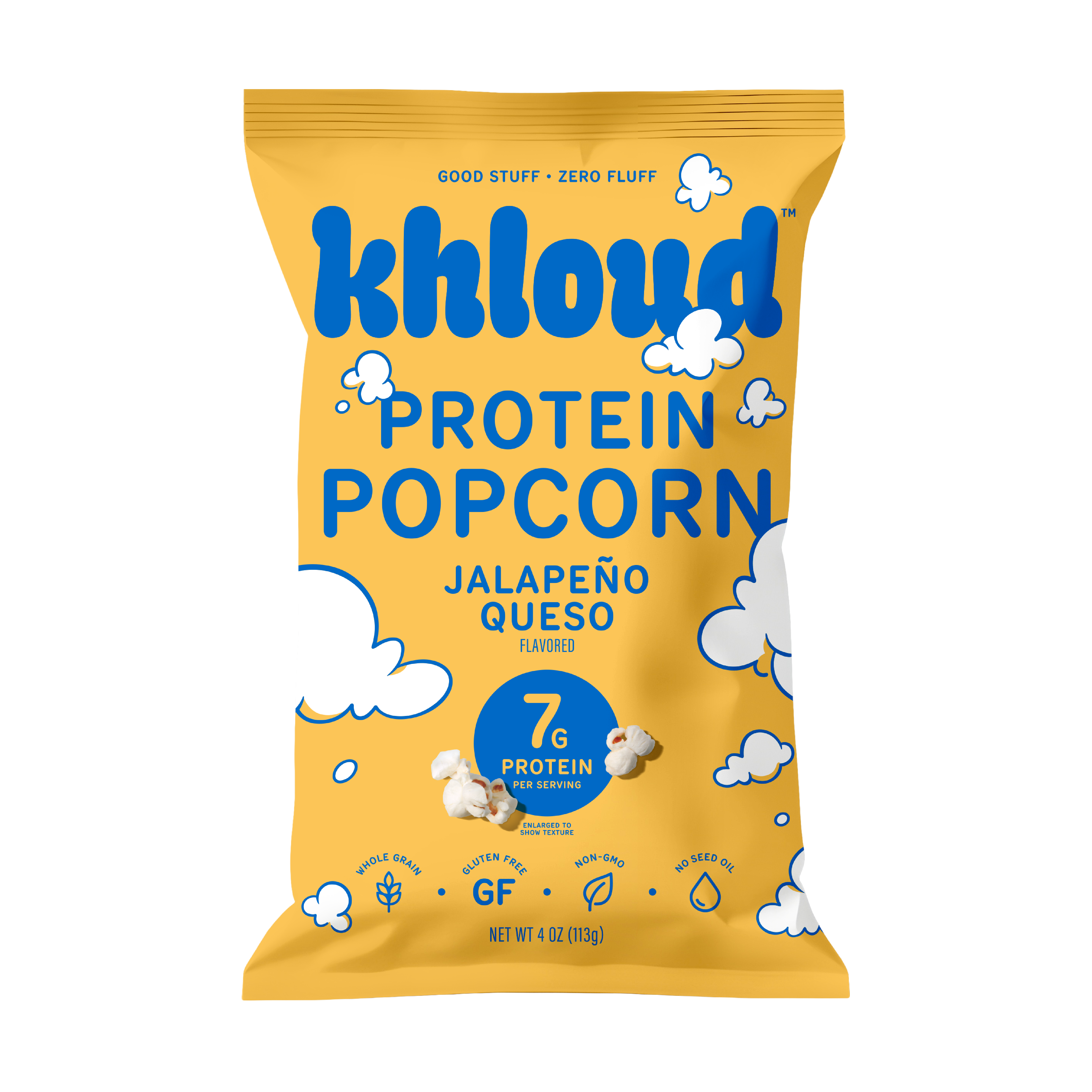 Front of the yellow Khloud Jalapeño Queso Protein Popcorn bag, 4 oz