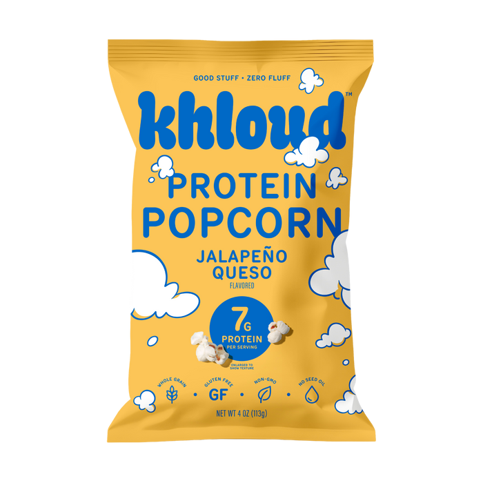 Front of the yellow Khloud Jalapeño Queso Protein Popcorn bag, 4 oz