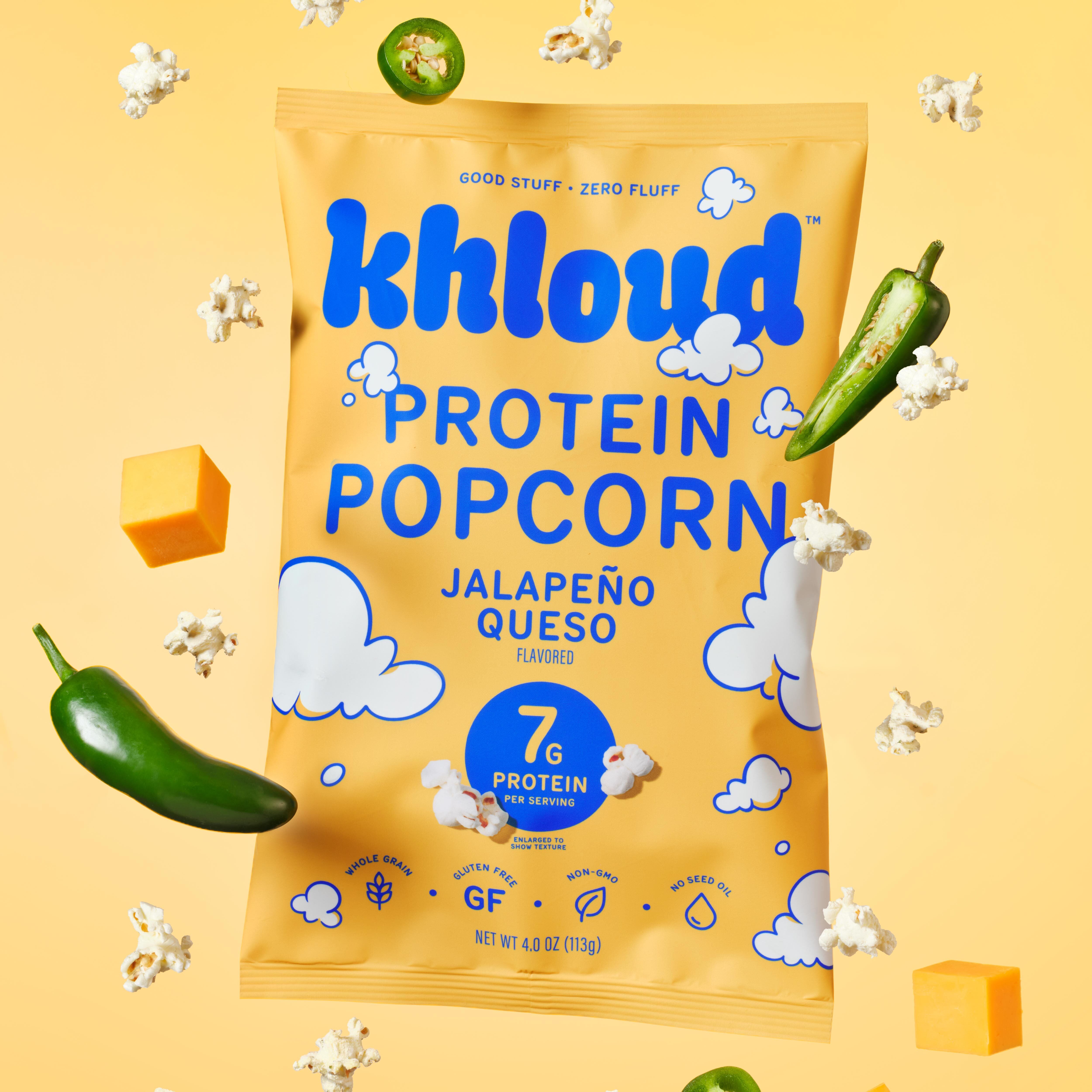 Khloud Jalapeño Queso Protein Popcorn bag with popcorn, jalapeños and cheddar cubes