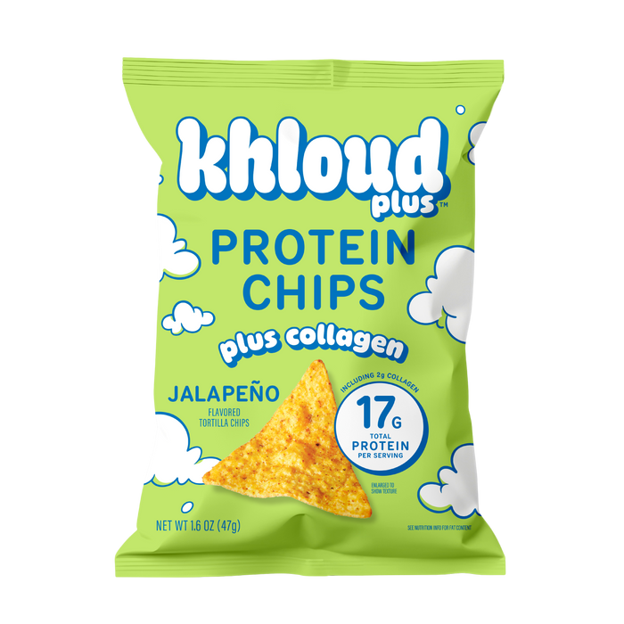 A bag of Khloud Plus Protein Chips in Jalapeño flavor, featuring a bright lime green packaging with white cloud illustrations and a single chip graphic on the front.