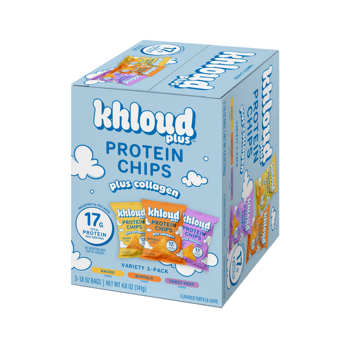 A box of Khloud Plus Collagen Protein Chips in a variety 3-pack, featuring flavors like Tortilla Chips, Peanut Butter Chips, and Sweet Potato Chips. The packaging is light blue with white clouds and features illustrations of the three chip flavors.