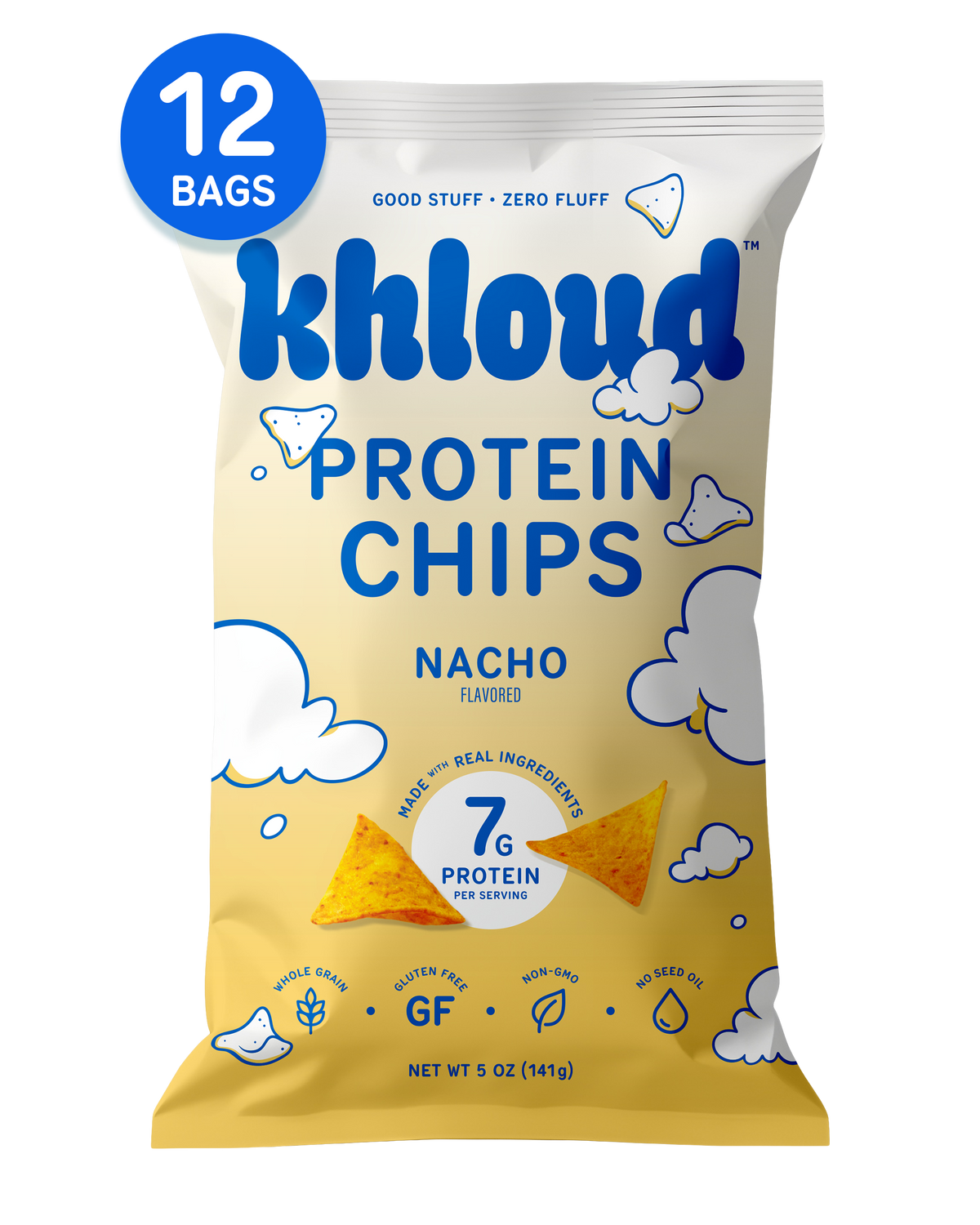 Yellow Khloud Nacho Protein Chips bag, 12-pack